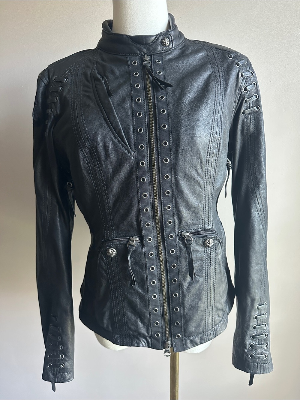 Harley Davidson Leather Destitute Sheepskin Jacket Grommets Womens XS Moto Biker